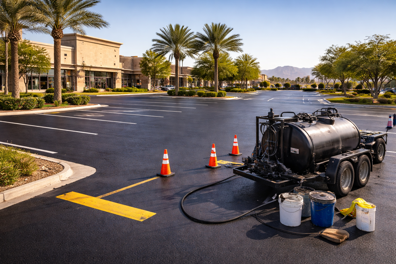 Parking lot being sealed with a black asphalt sealant, cones, and a tank truck; daytime.