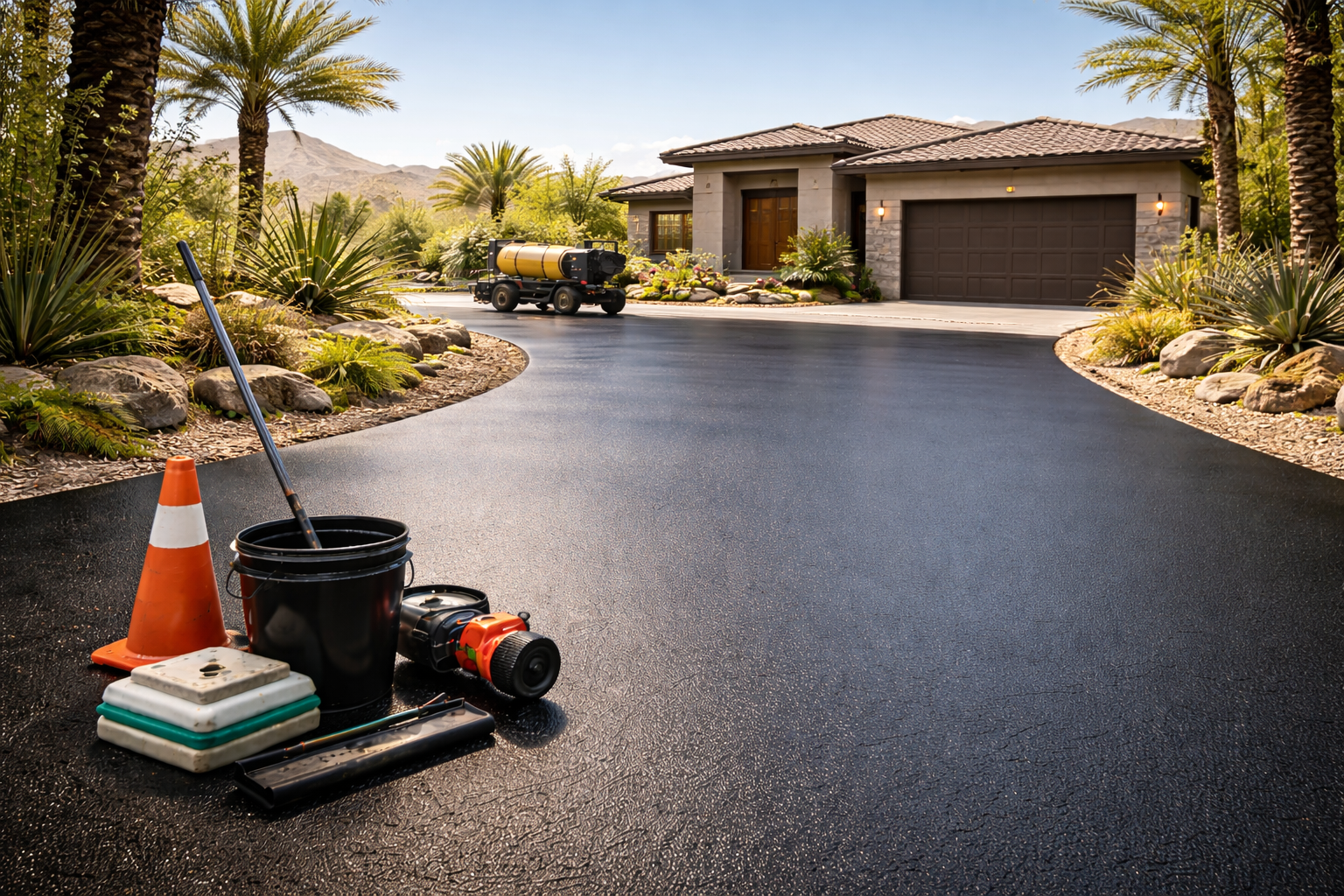 Freshly sealed asphalt driveway with tools in front of a home; water truck in the distance.
