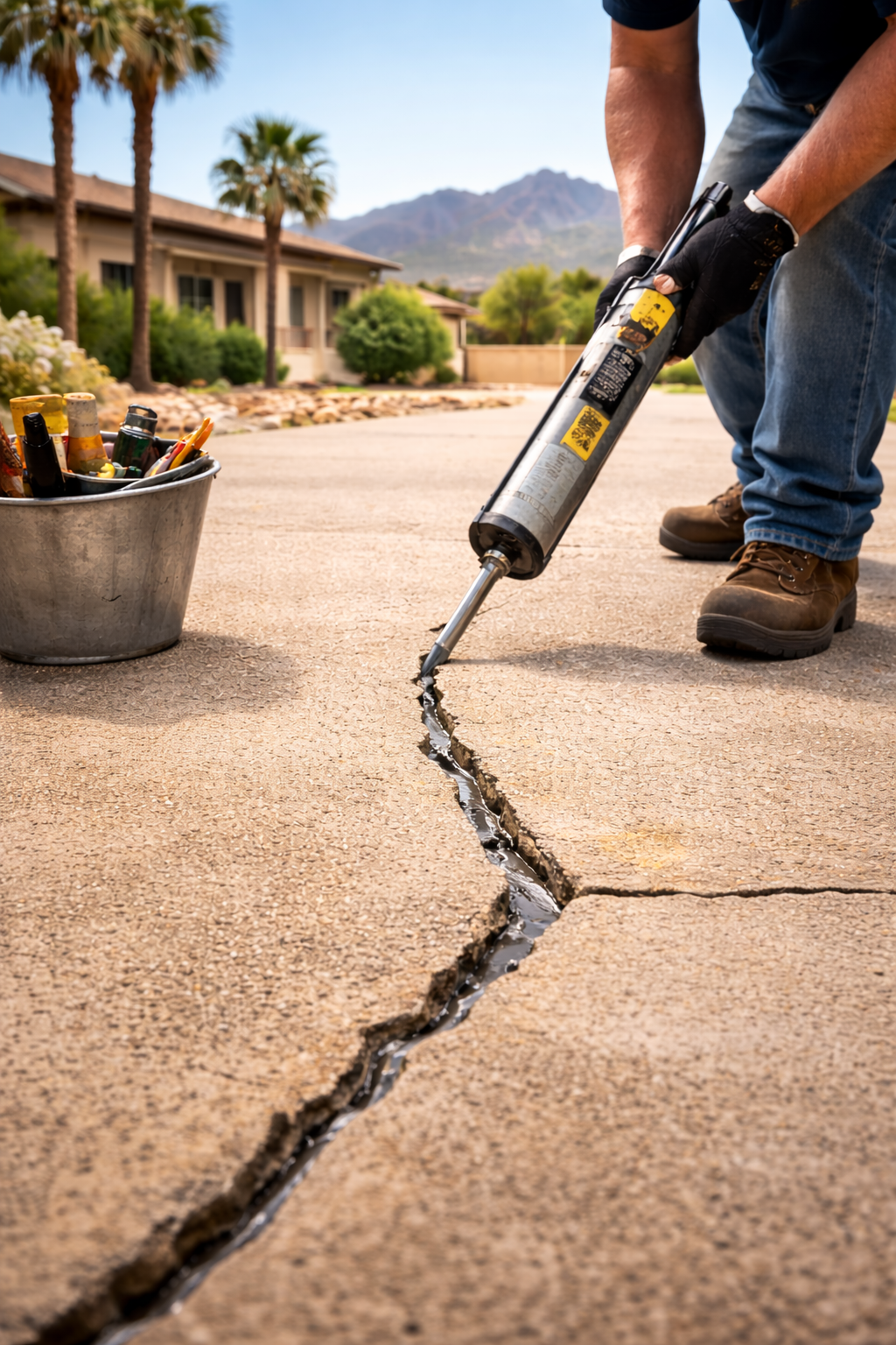 Person filling crack in concrete driveway with sealant gun. Outdoors.