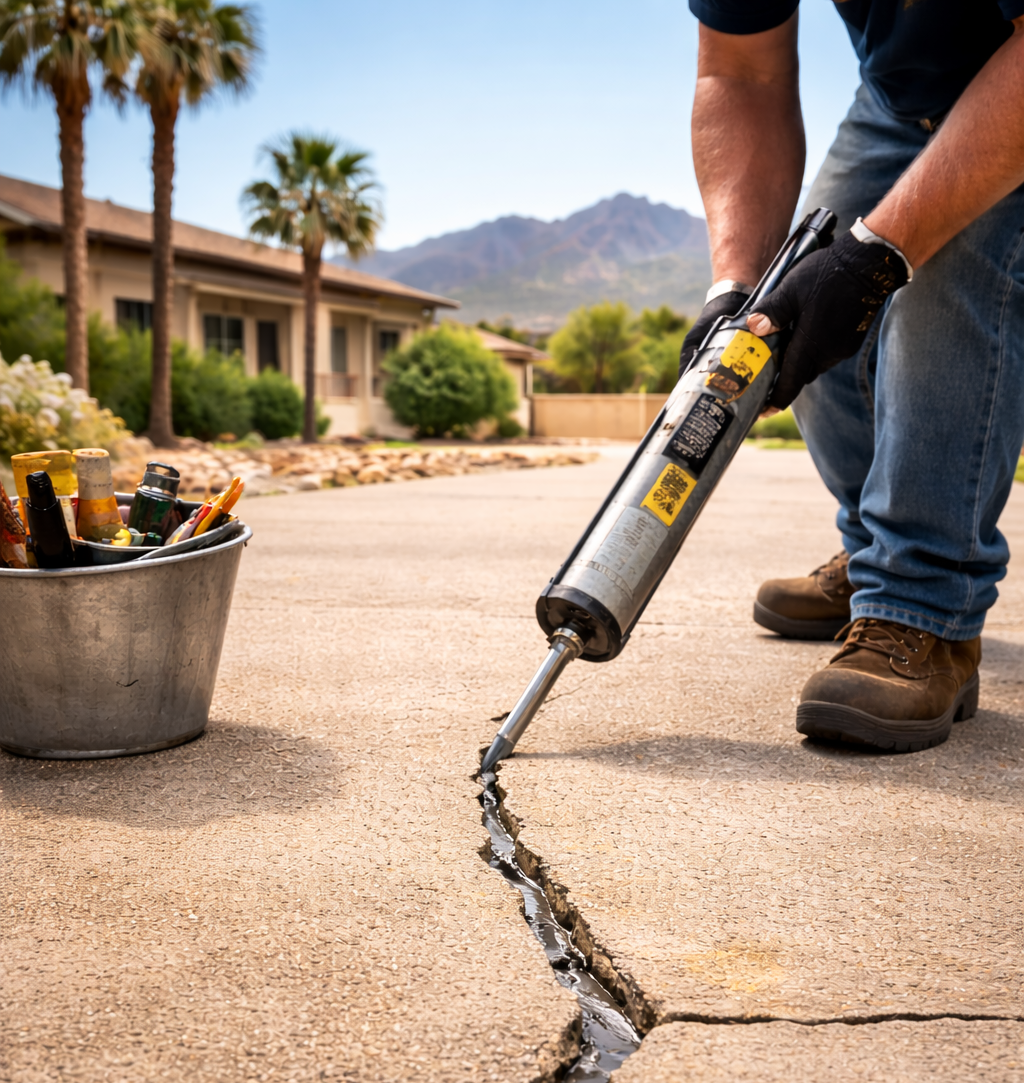 Person filling a crack in a concrete driveway with a caulking gun; outdoor setting.