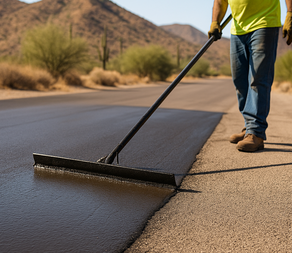 Person smoothing asphalt on a road with a long-handled lute, setting includes mountains and desert vegetation.
