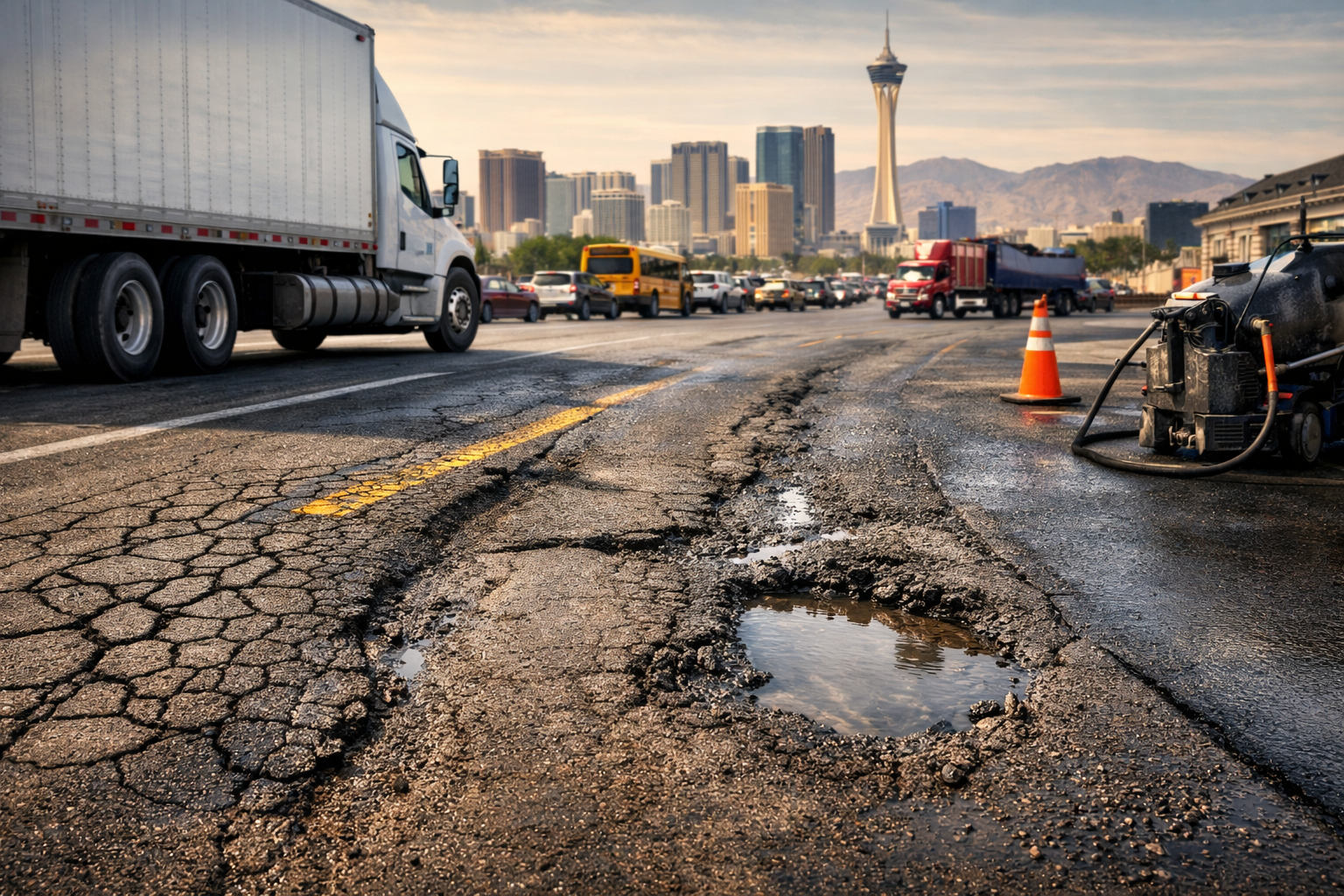 Damaged road with potholes, semi-truck, traffic, and Las Vegas skyline.