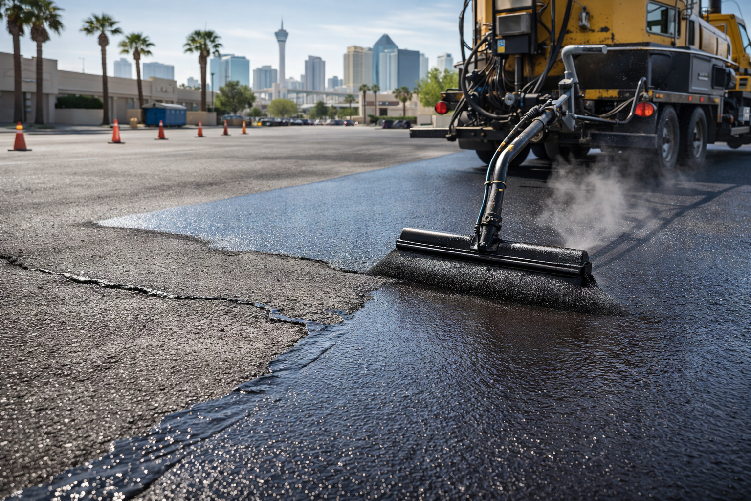Road repair machine applying asphalt to a street in a city, steam rising.
