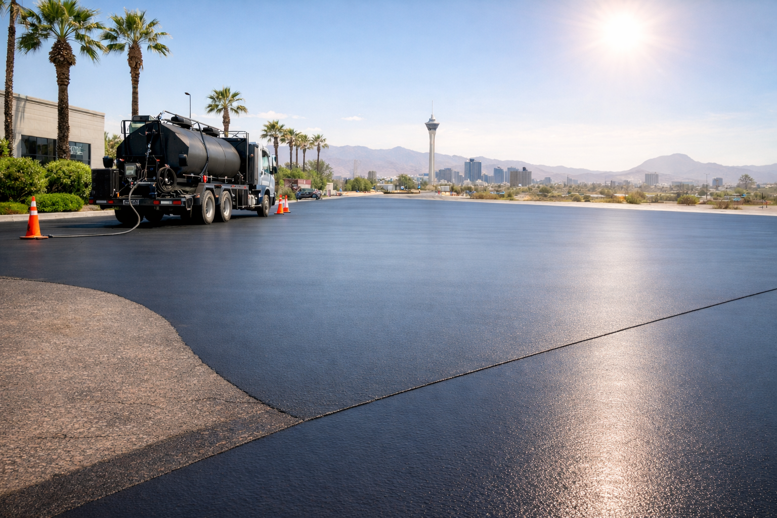 A black tanker truck applies a fresh, glossy coat of asphalt sealcoat to a parking lot in a sunny, desert setting.