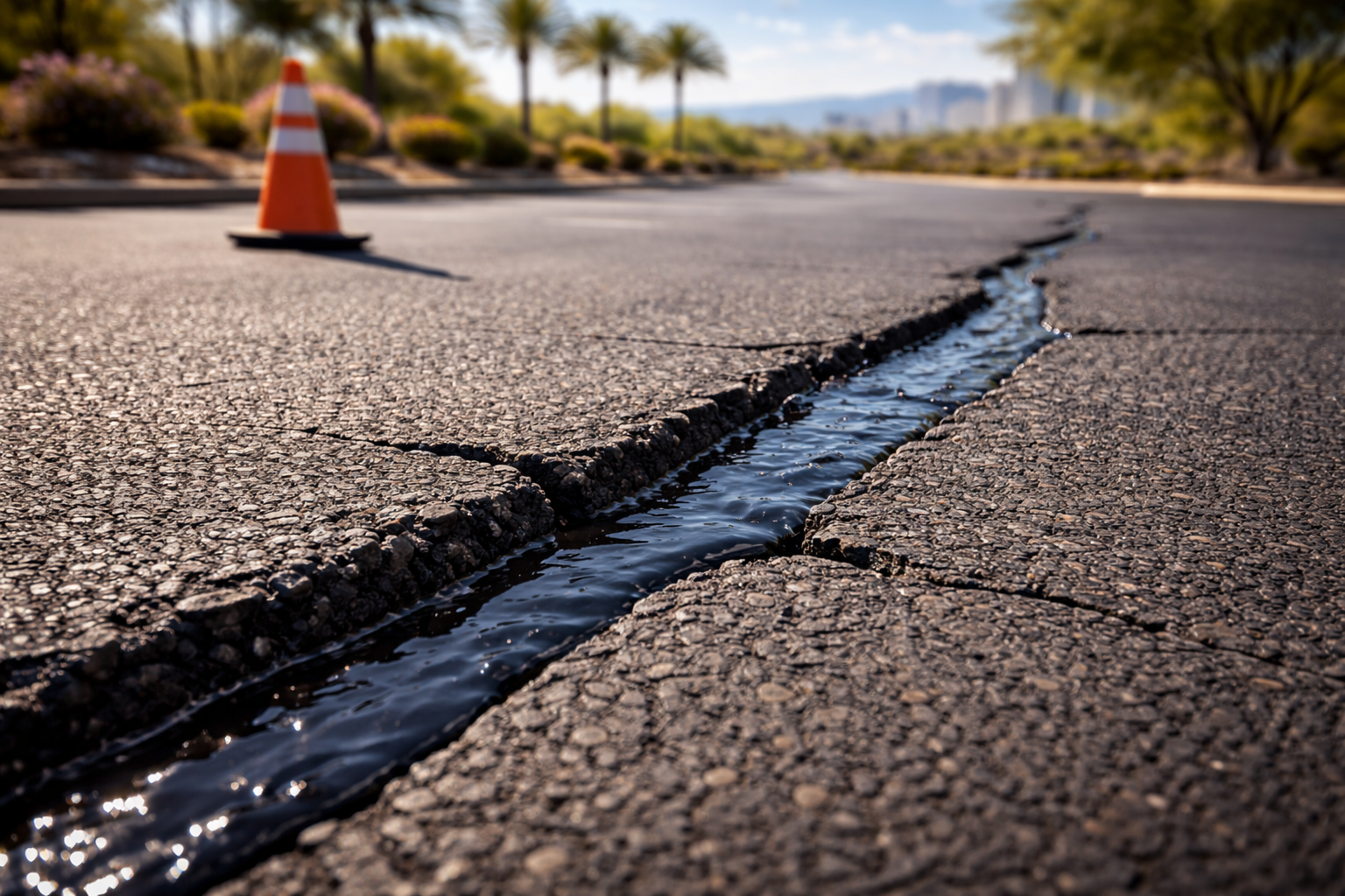 Asphalt road crack filled with a dark liquid; orange cone in background.