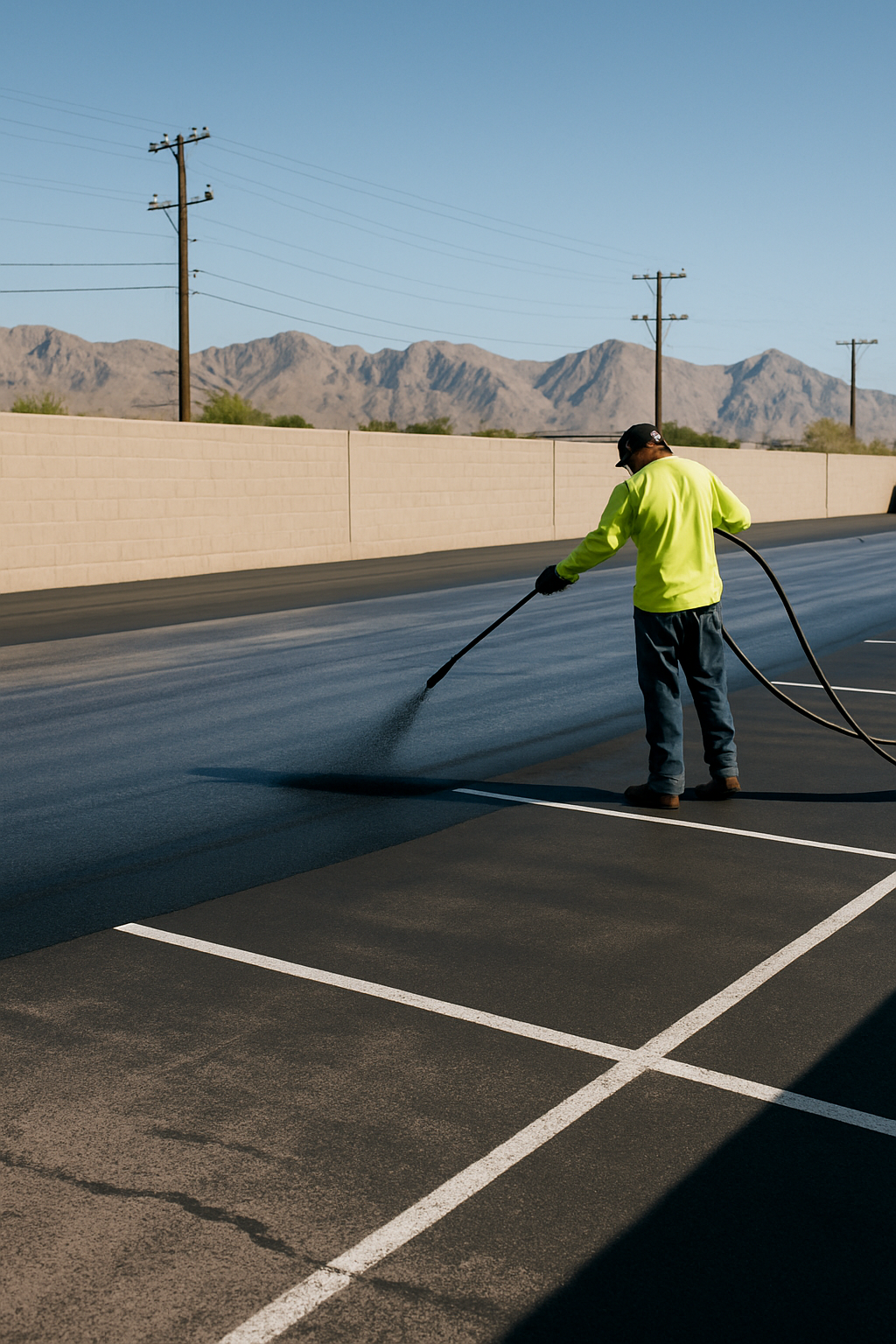Man in neon shirt sprays asphalt sealant onto parking lot, with mountains in the background.