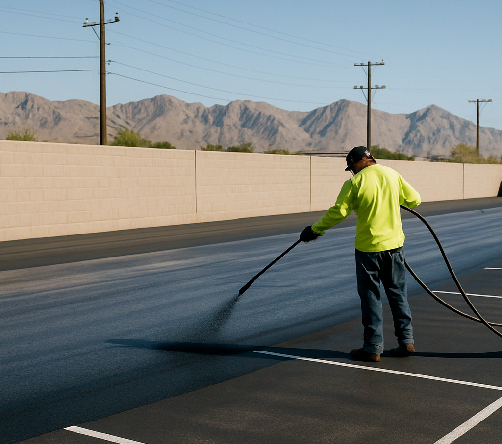 Man in yellow shirt spraying asphalt sealant onto a parking lot. Mountains and a wall are in the background.