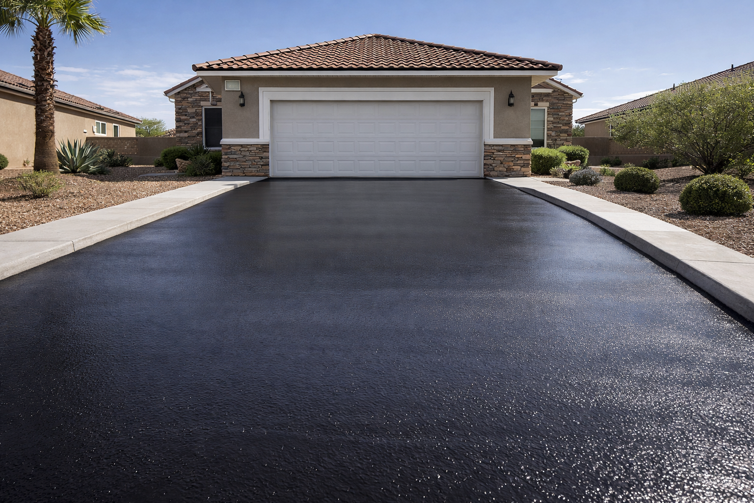 A newly sealed, glossy black asphalt driveway leading up to a beige suburban house with a white garage door.