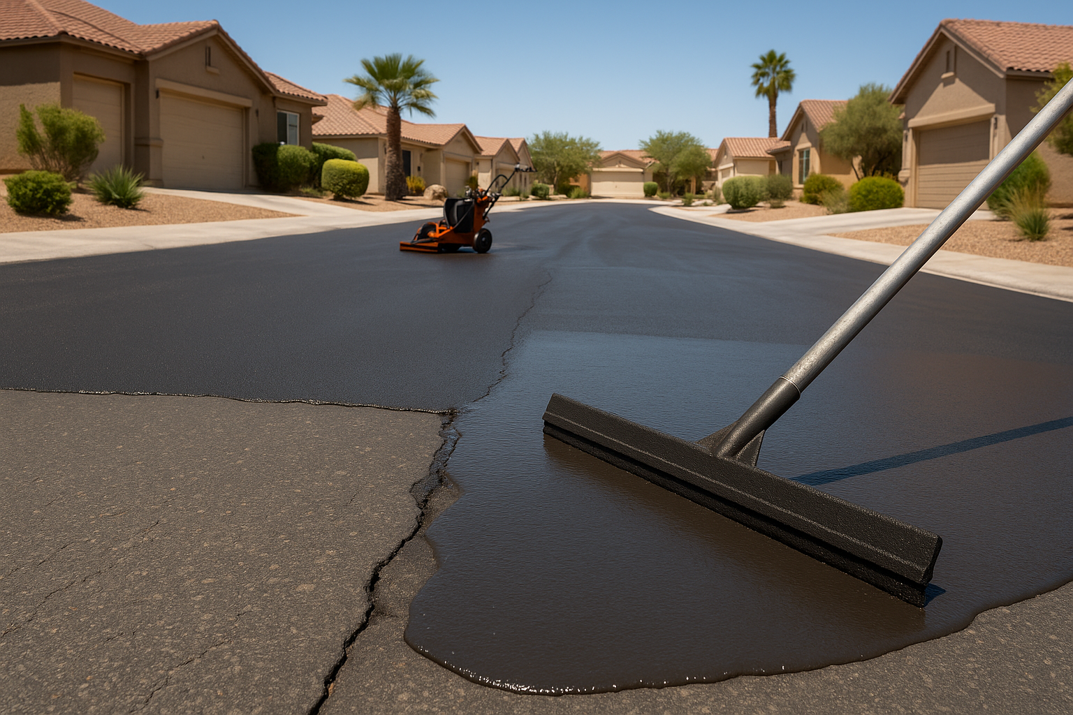 Asphalt being sealed on a residential street. A squeegee and a machine are used.