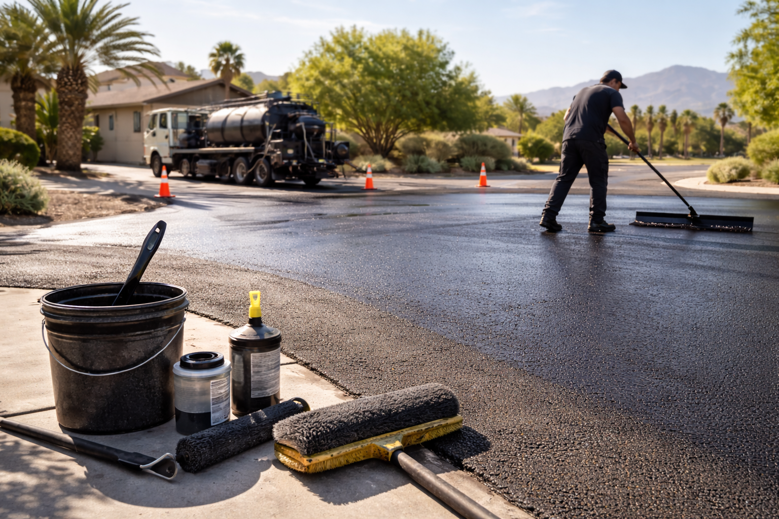 A worker applying asphalt sealant to a freshly paved driveway. Tools and truck are nearby.