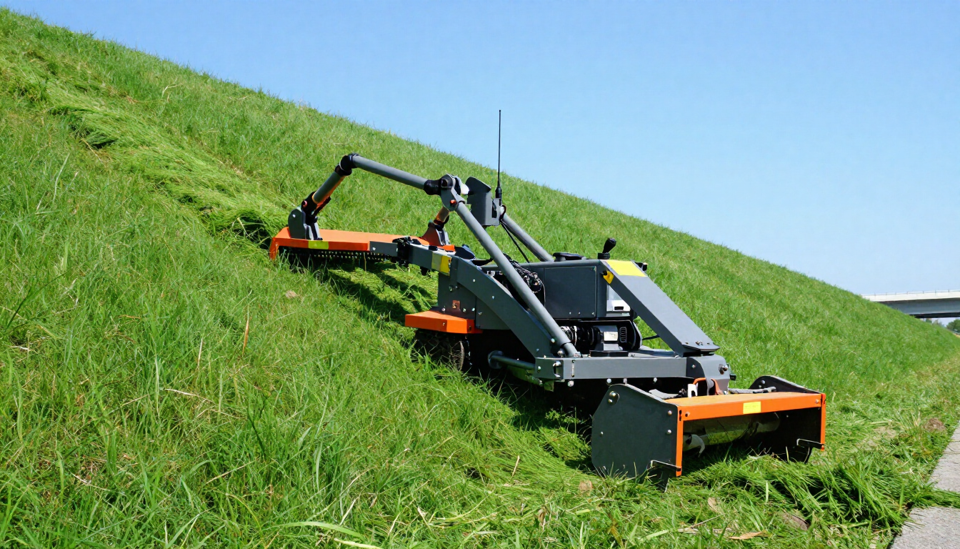 Commercial remote-controlled slope mower working on a steep green hill.