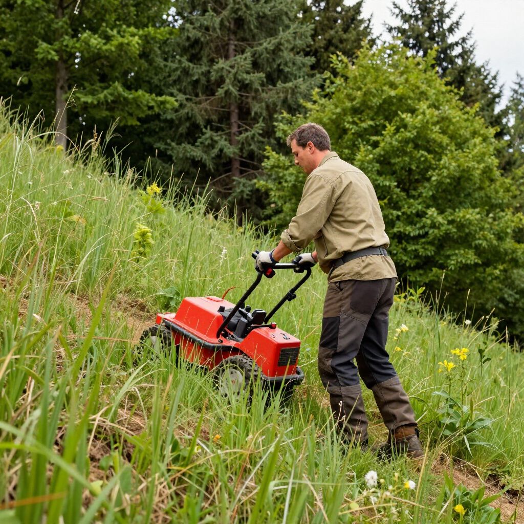 Commercial landscaper using a push mower to mow a hill.