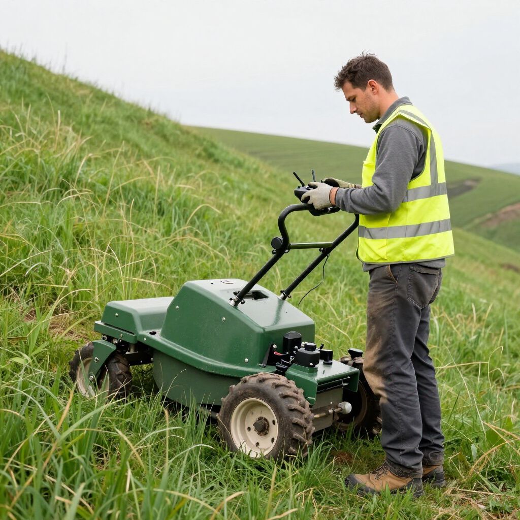 Man using a remote control to operate a green, wheeled slope mower on a grassy hillside.