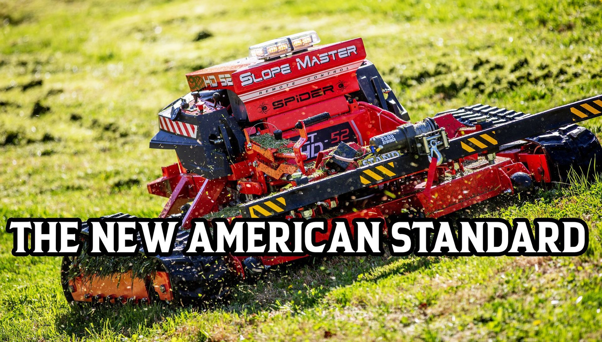 Red Slope Master mower cutting grass on a hill, labeled 