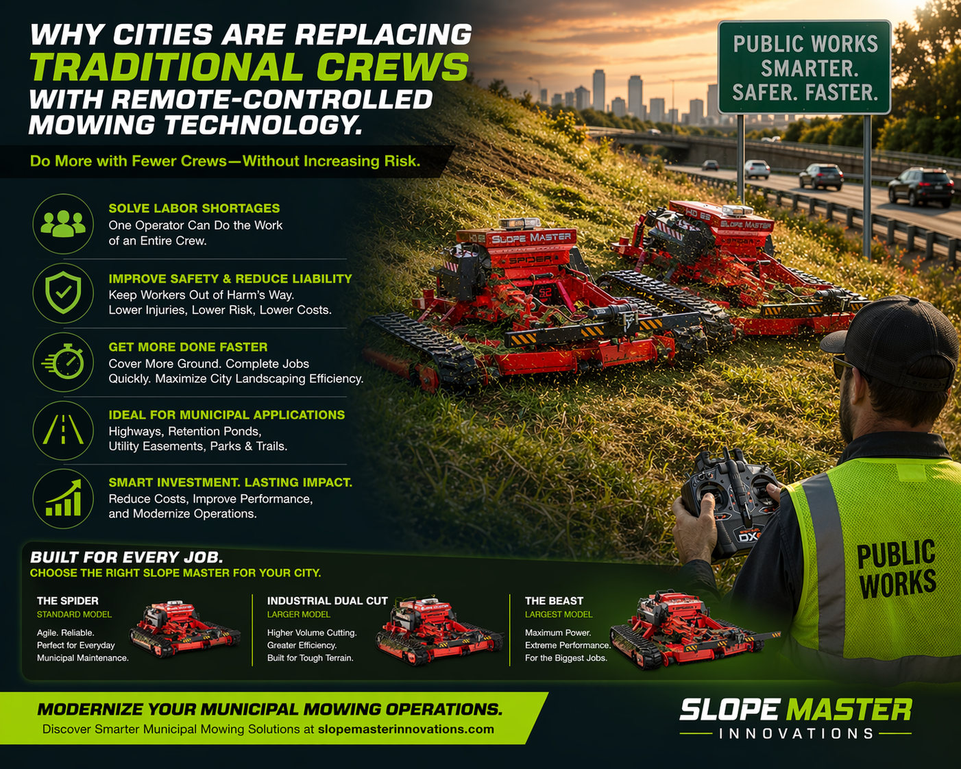 An ad for remote-controlled Slope Master mowers featuring a worker operating red slope mowers on a grassy highway hillside.