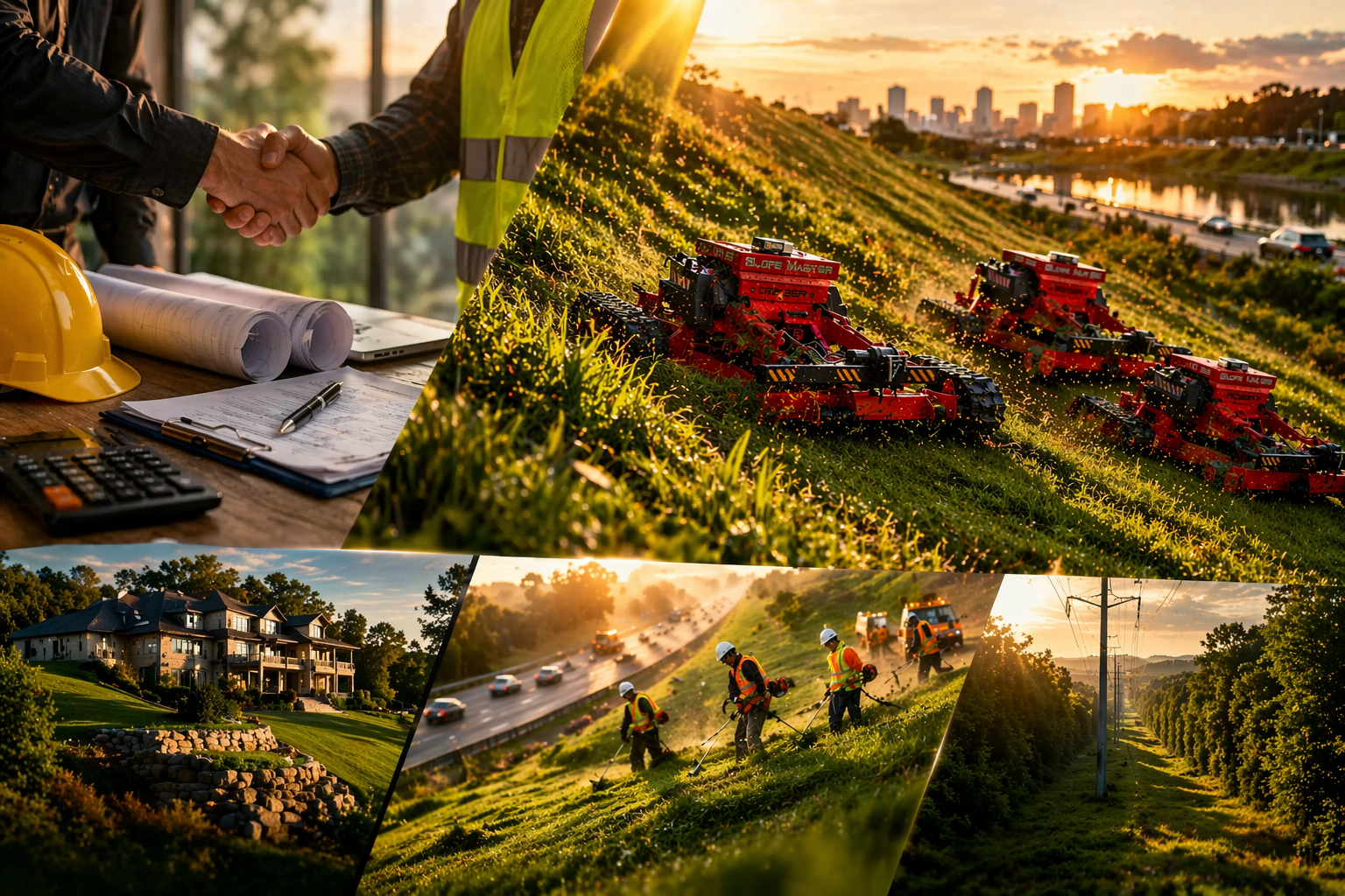 A collage showing construction management, remote-controlled slope mowers, and groundskeeping crews at sunset.