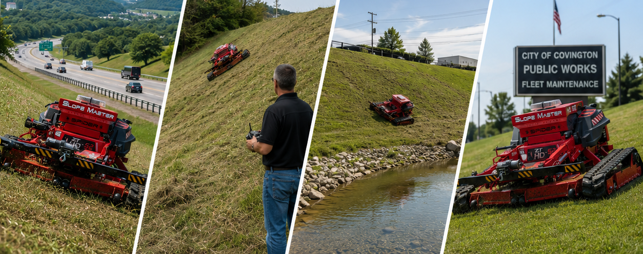 View Our Slope Mower Models Red mower on grassy roadside near sign; a man stands nearby watching the work.