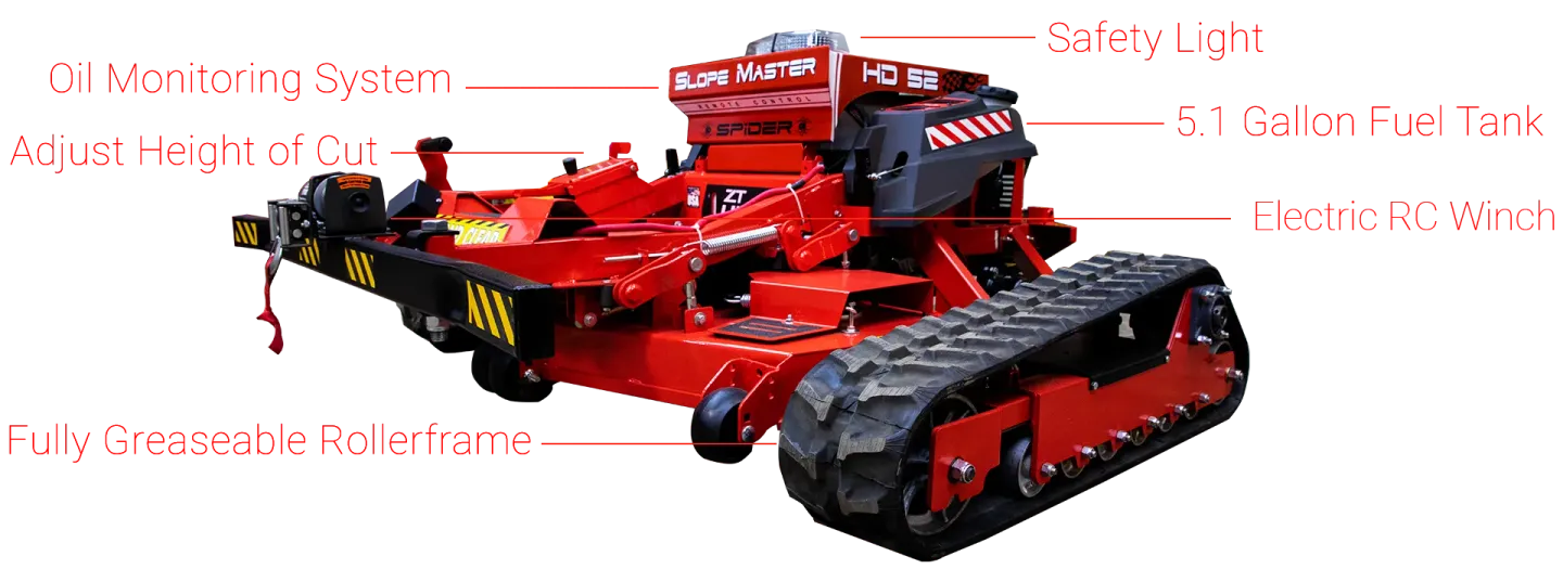 Red tracked vehicle with labeled components, including safety light and fuel tank.