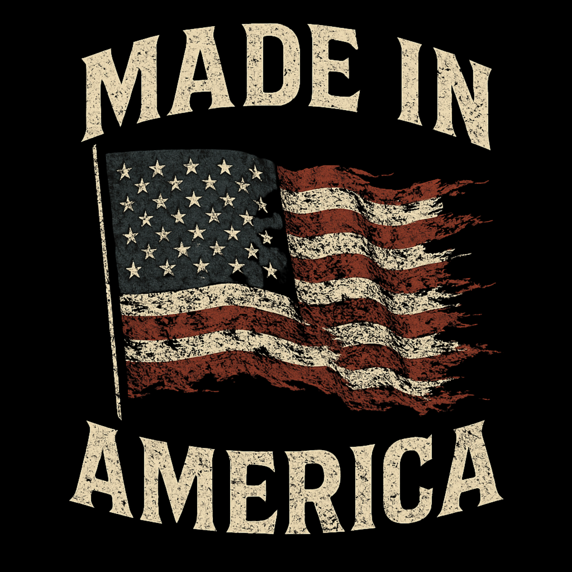 "Made in America" text above and below a distressed American flag on a black background.