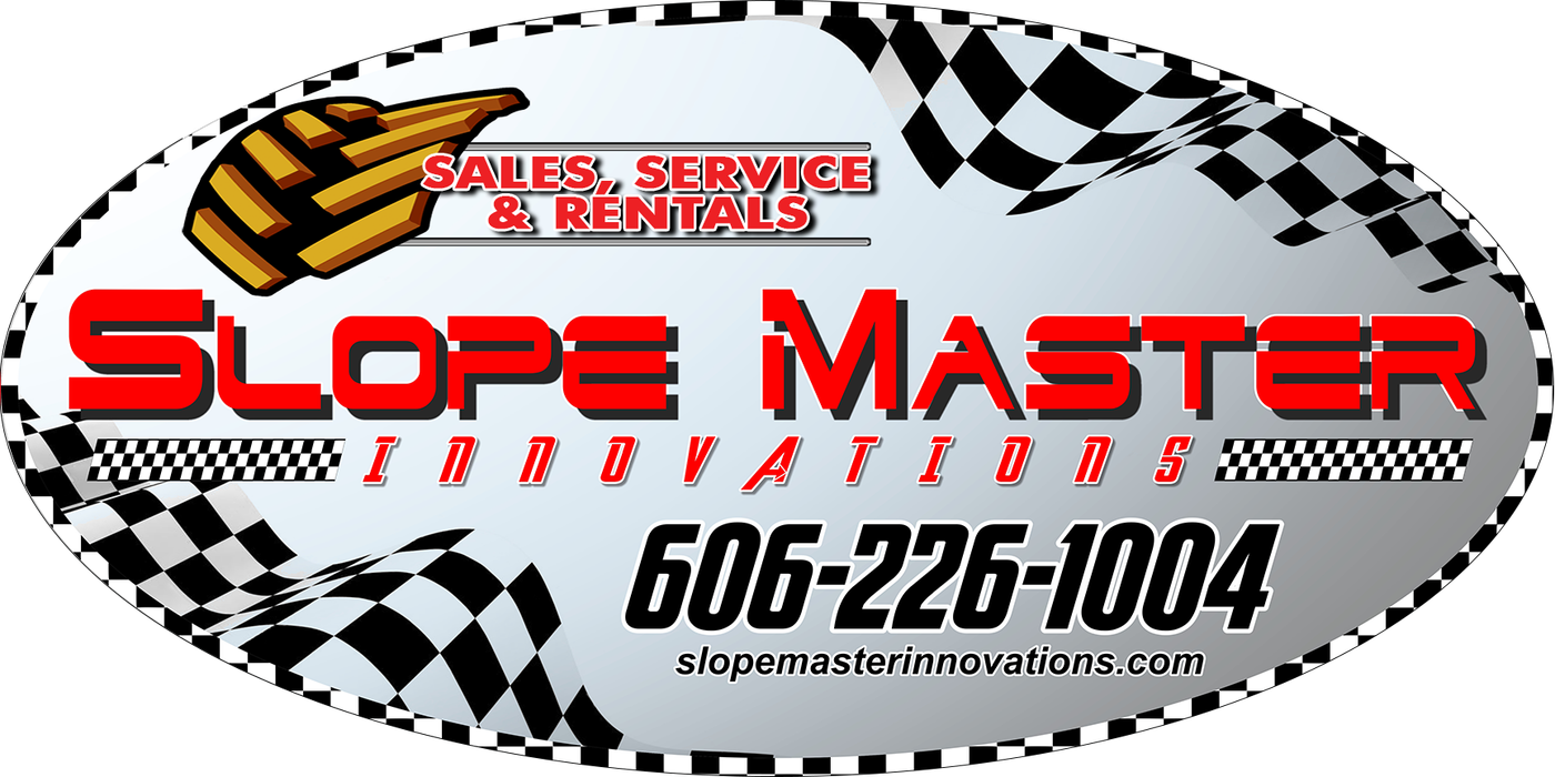 Oval logo for Slope Master Innovations. Red text on a silver background.  Checkered flags.  606-226-1004.
