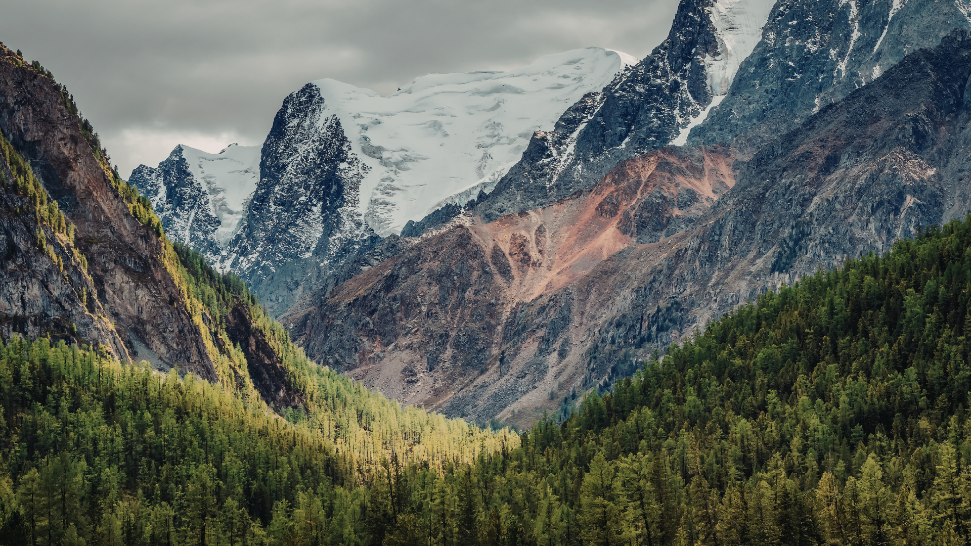 A lush green valley in the Rocky Mountains with snow-capped, steep rocky mountains behind the valley.