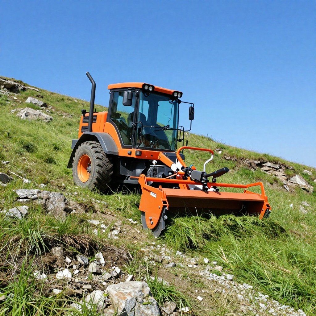 Orange tractor mowing grass on a steep, grassy hillside under a clear blue sky.
