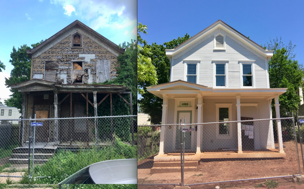 A house before and after renovation. Old, rundown building beside a newly painted, restored house.