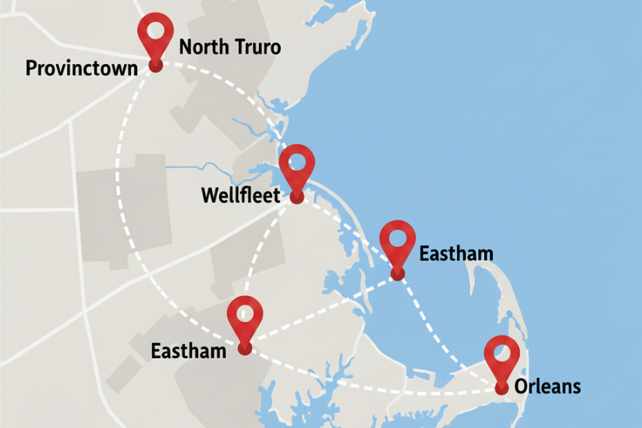 Map of Cape Cod, Massachusetts with five labeled towns and dotted lines between them.