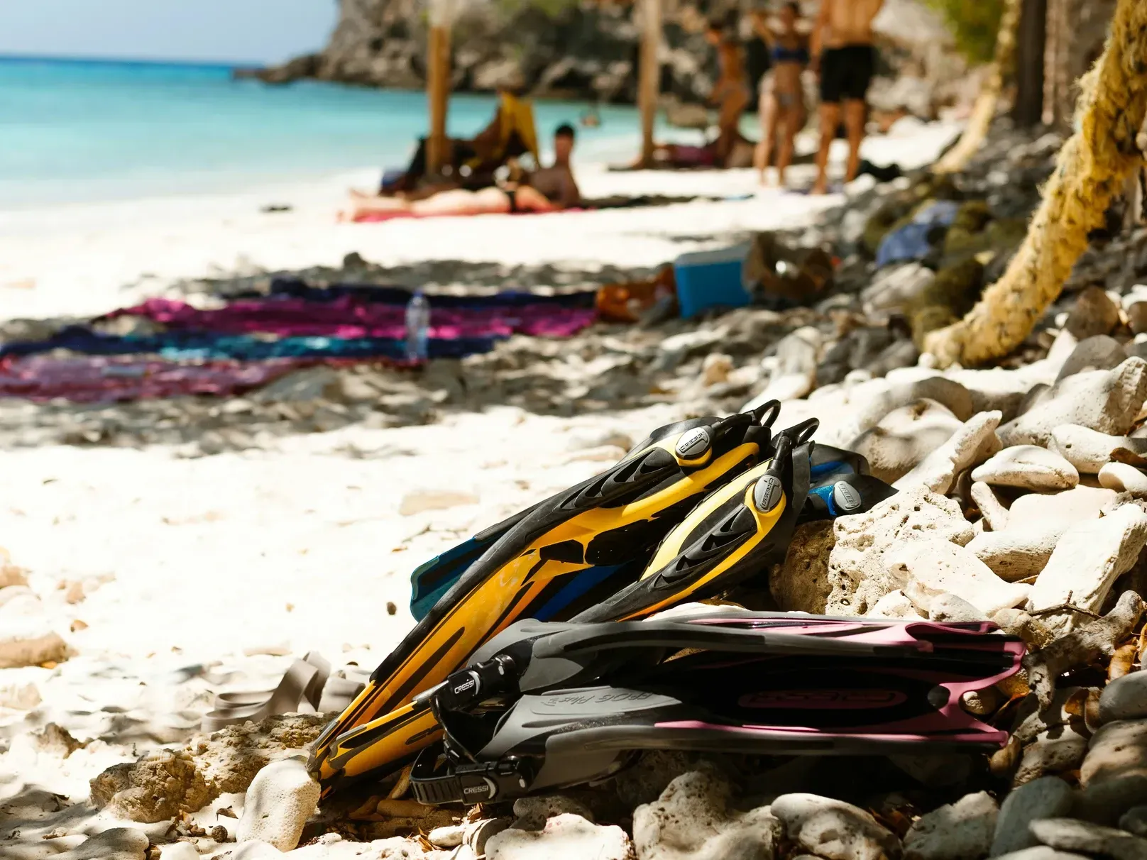 A pair of flippers are laying on the rocks on the beach.