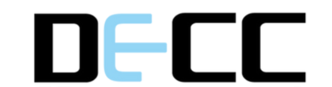 A close up of the word decc on a white background