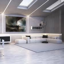 Soggiorno moderno con divano componibile bianco, grande quadro astratto e illuminazione da incasso.