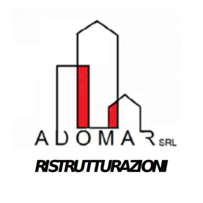 Logo per Adomar Srl, raffigurante edifici stilizzati in nero e rosso, con la scritta