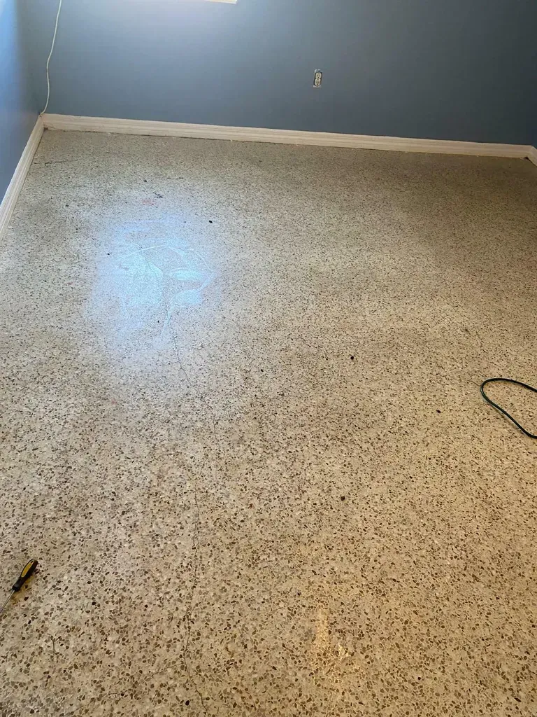 Terrazzo floor in a room with blue walls and white trim; a tool and cord lie on the floor.