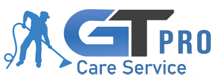 Logo of GT Pro Care Service: a blue silhouette of a person cleaning carpet, and the company name.