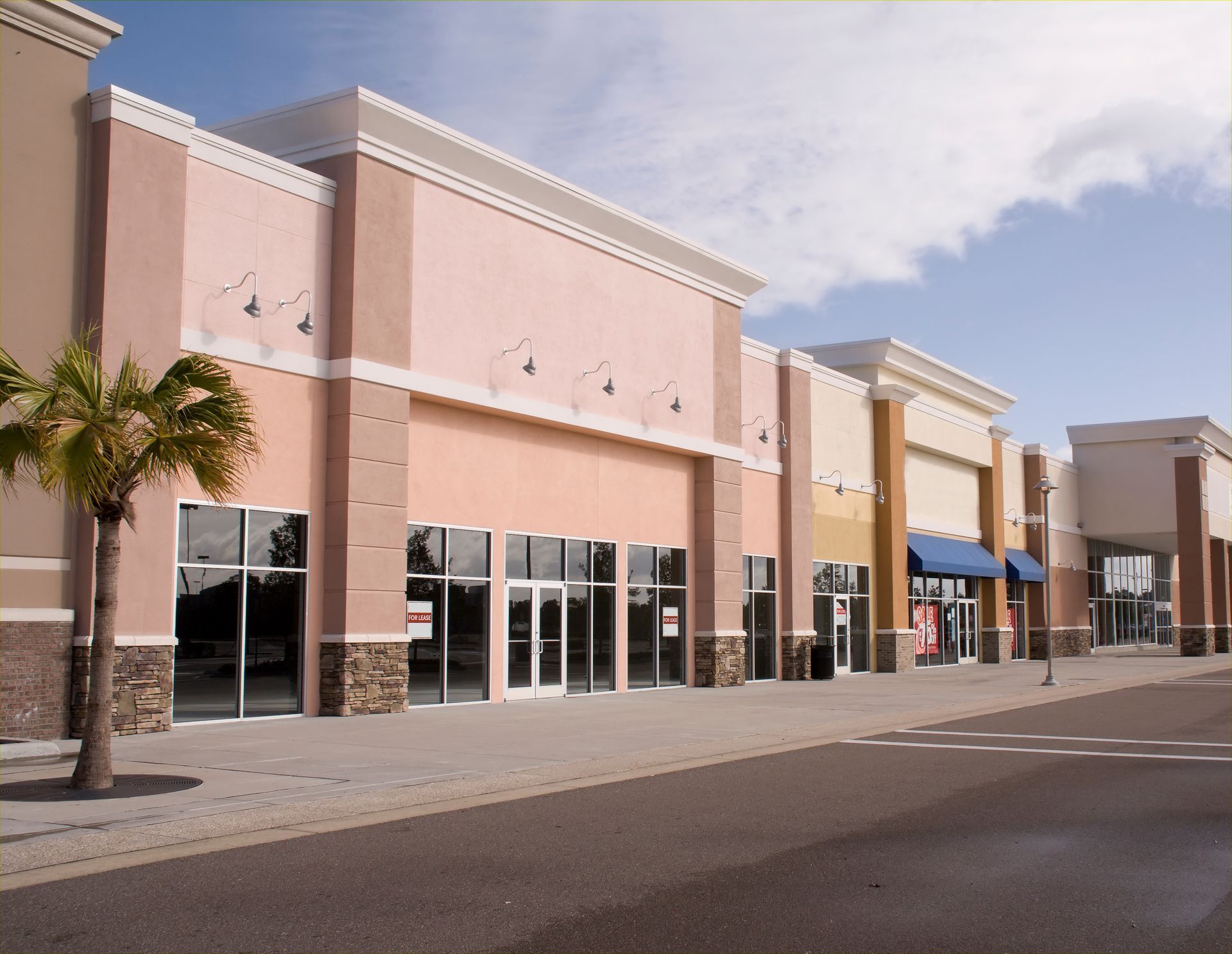 A row of empty stores with palm trees in front of them