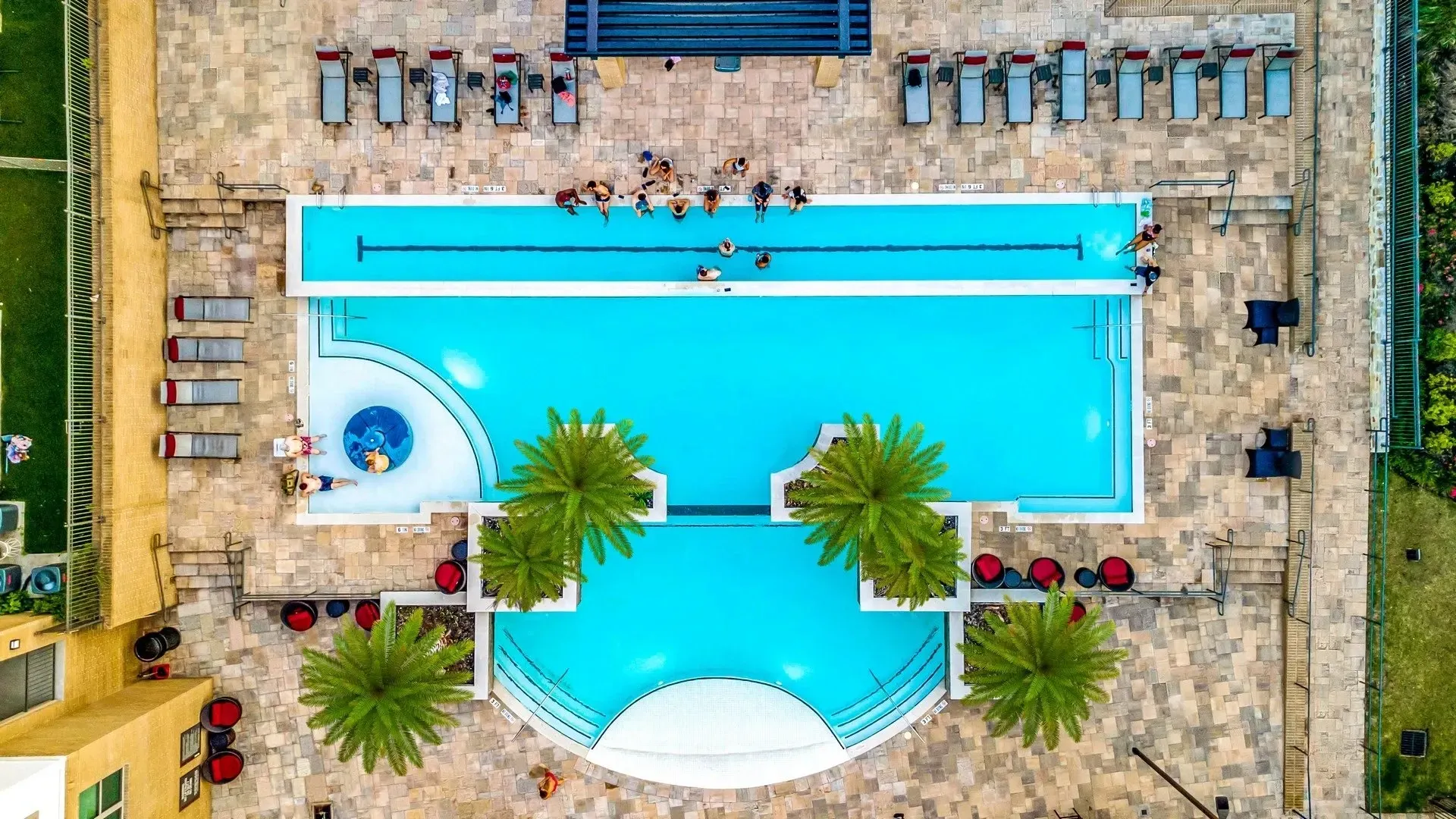 Aerial view of a community pool surrounded by lounge chairs and palm trees.