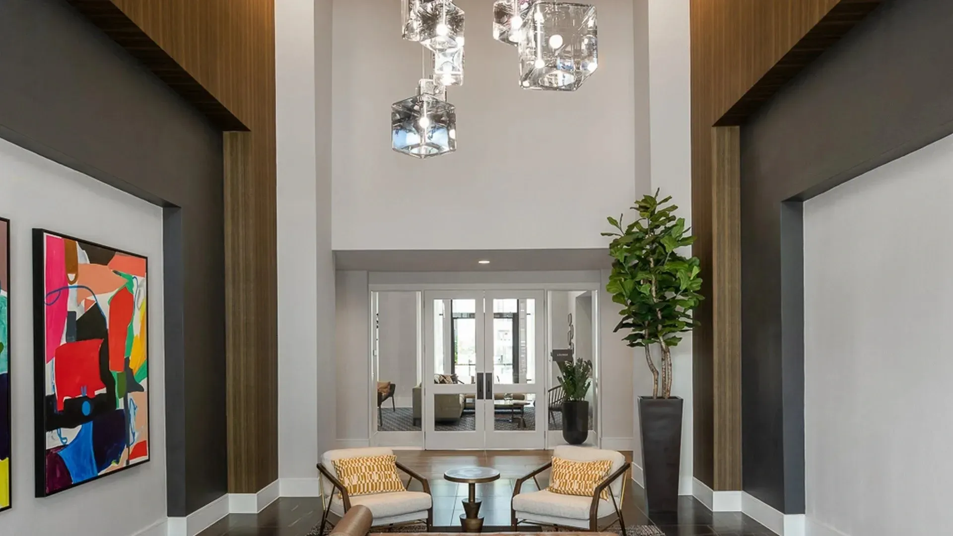 Modern lobby with seating and artwork