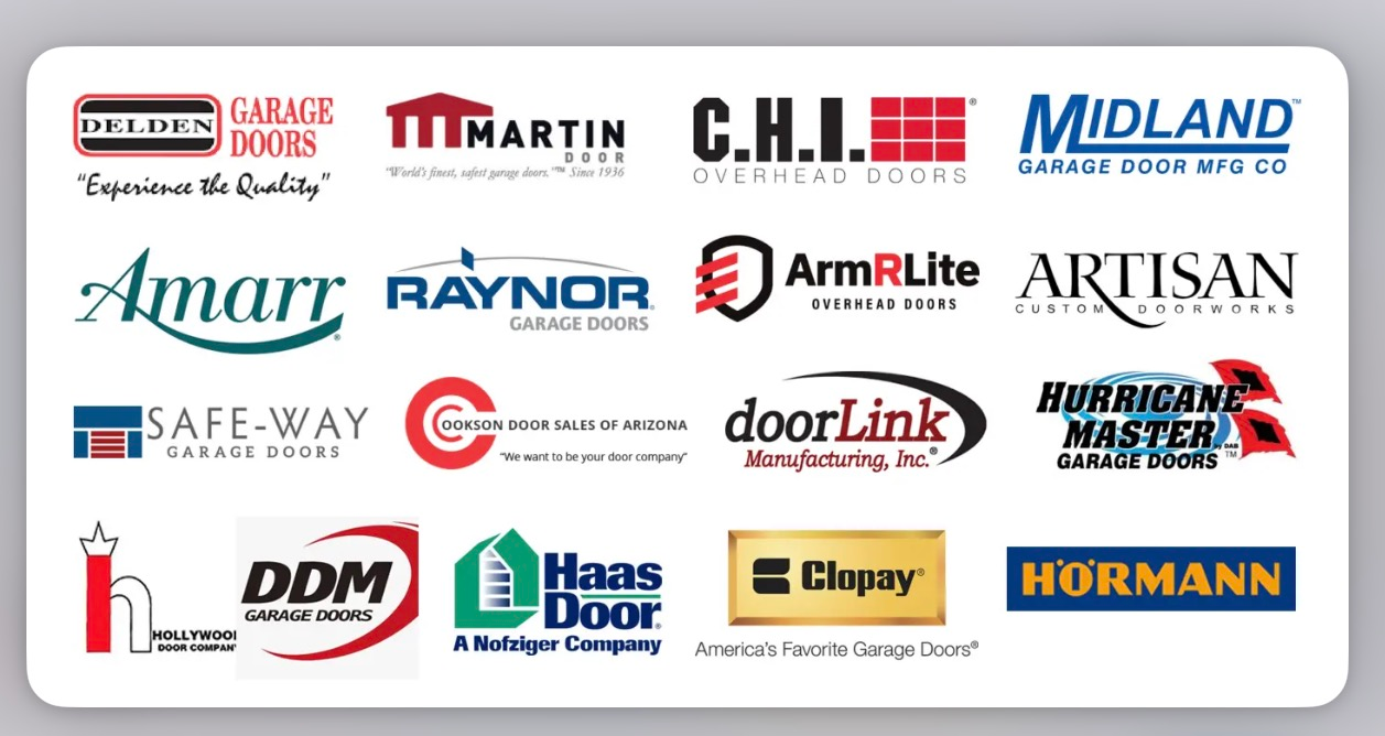 Logos of various garage door manufacturers.