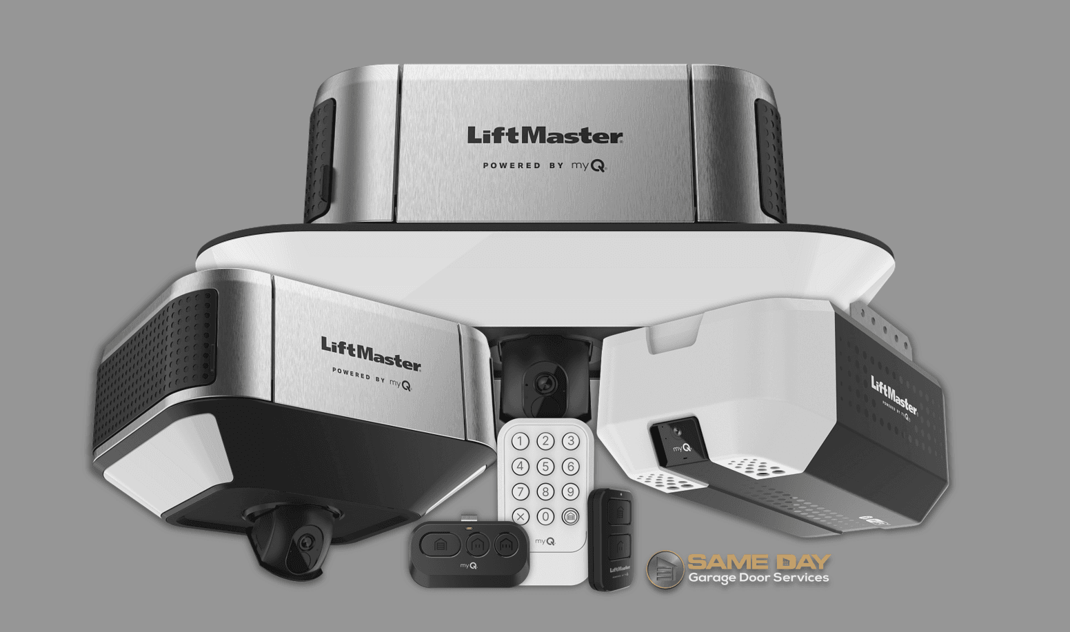LiftMaster garage door opener components. Gray and white units with remote controls displayed.