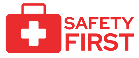 A red first aid kit with the words `` safety first '' written on it.