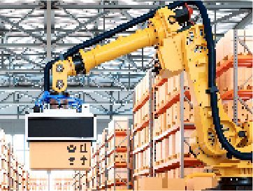 機械手臂正在倉庫中搬運箱子。