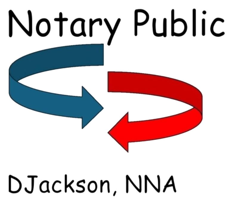 "Notary Public" with blue and red curved arrows forming a loop. DJackson, NNA below.