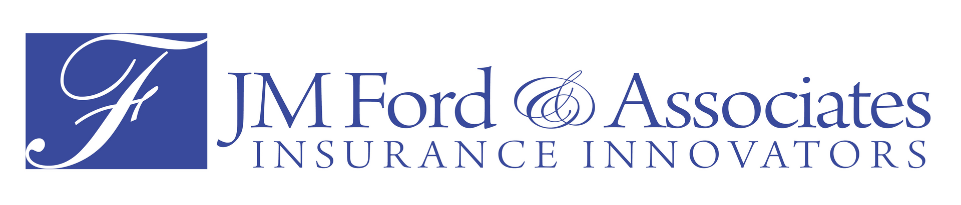 Logo for JM Ford & Associates, Insurance Innovators, blue and white.