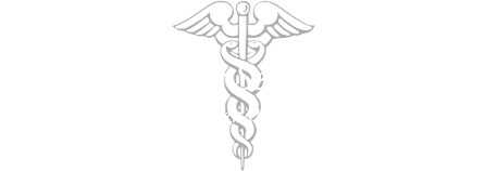 Caduceus symbol with two snakes entwined around a staff with wings.