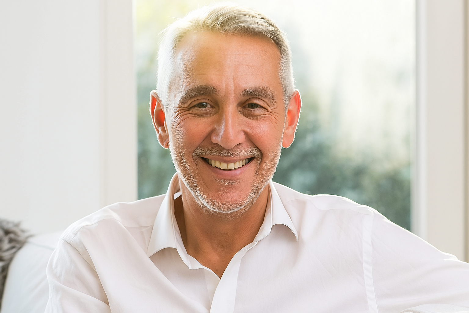 Man with gray hair smiling, wearing a white shirt in front of a window.