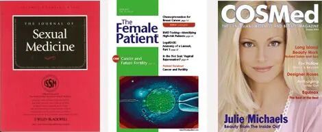 Three medical journal covers: Sexual Medicine, The Female Patient, and COSMed magazine.