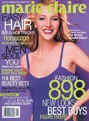Marie Claire magazine cover with a woman smiling, wearing a blue top; headlines about hair, beauty, and fashion.