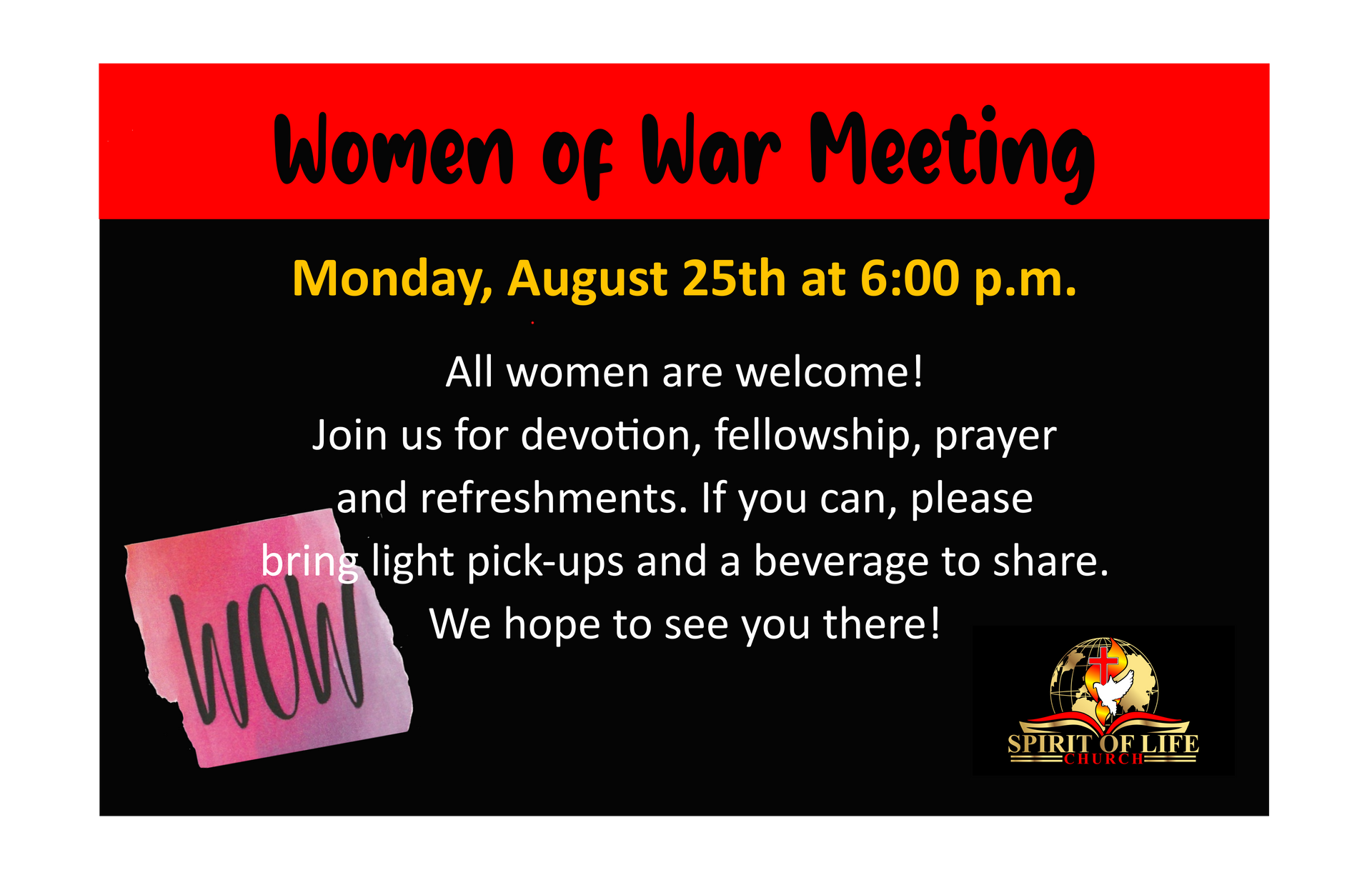 Women of War Ministry Meeting for August