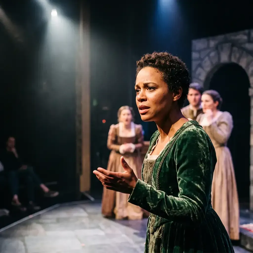 Performance Anxiety Support for Actors Actress performing a dramatic scene on stage, representing performance anxiety therapy for actors and performers.