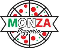 A logo for monza pizzeria with a pizza in the middle.